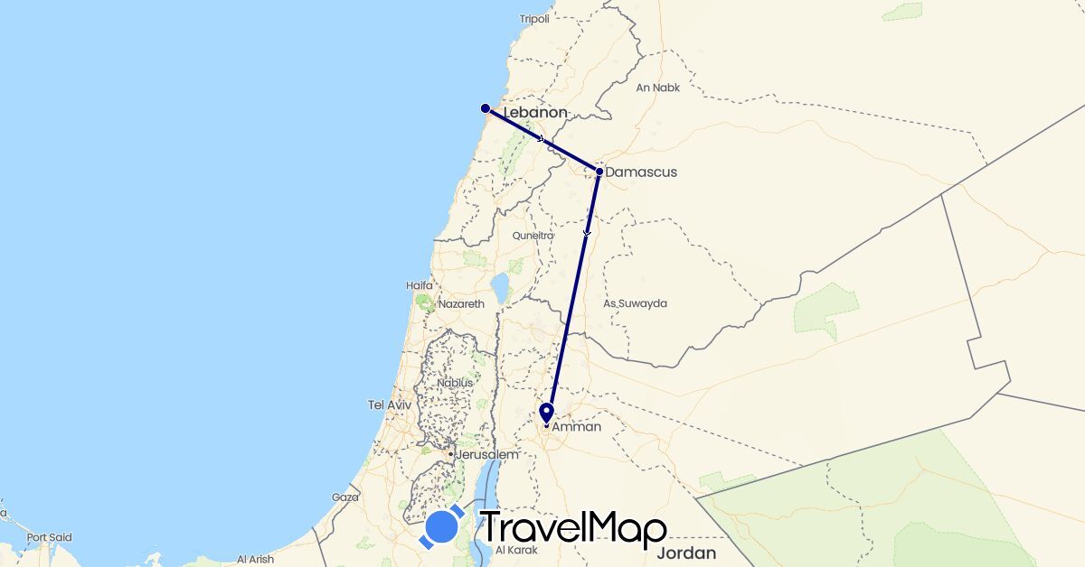 TravelMap itinerary: driving in Jordan, Lebanon, Syria (Asia)